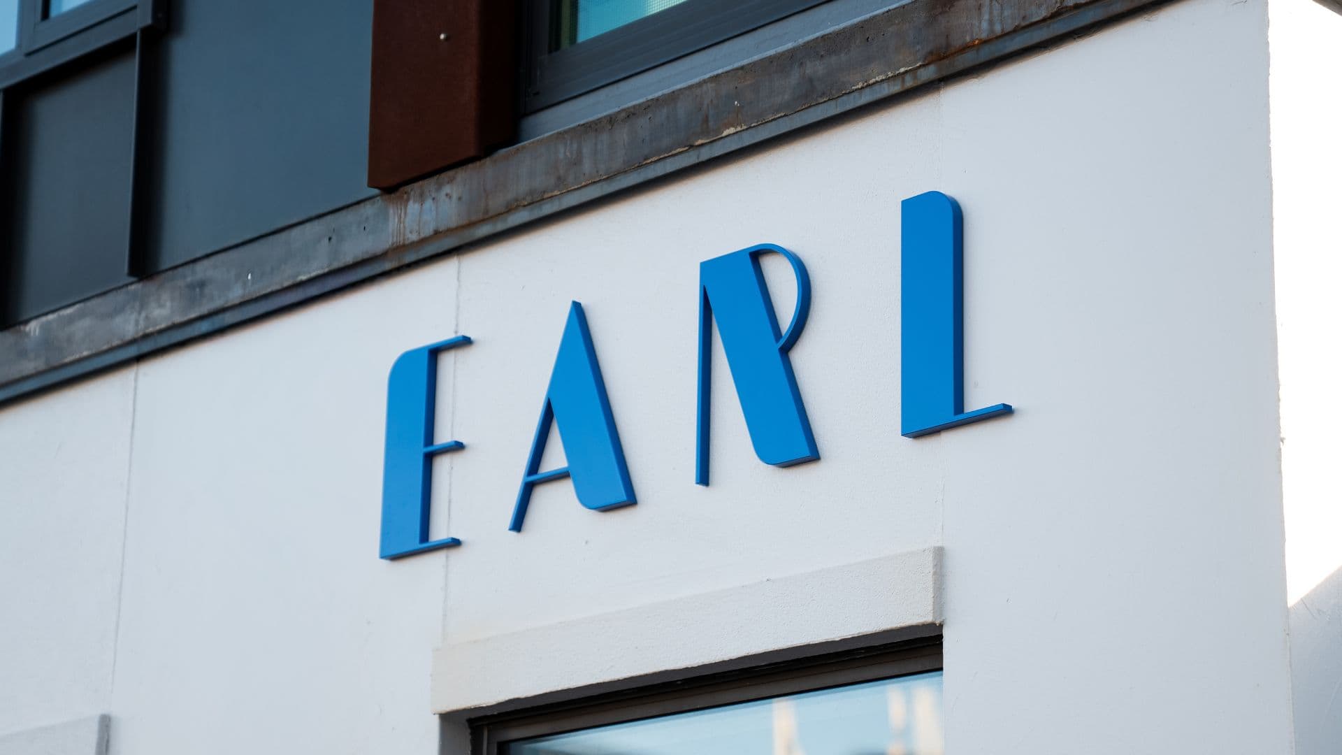 The blue EARL sign on the bistro's exterior in central Christchurch