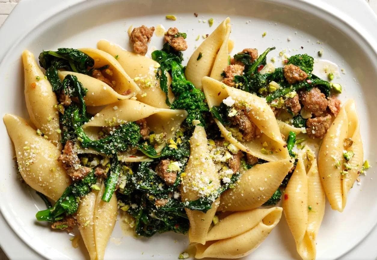 Big Shells with Spicy Lamb Sausage and Pistachios