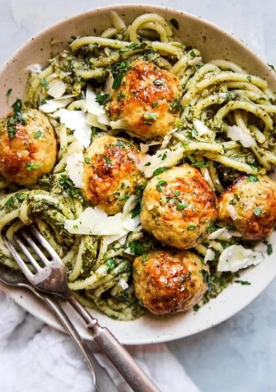 Baked Chicken Meatballs with Broccoli Pesto Pasta