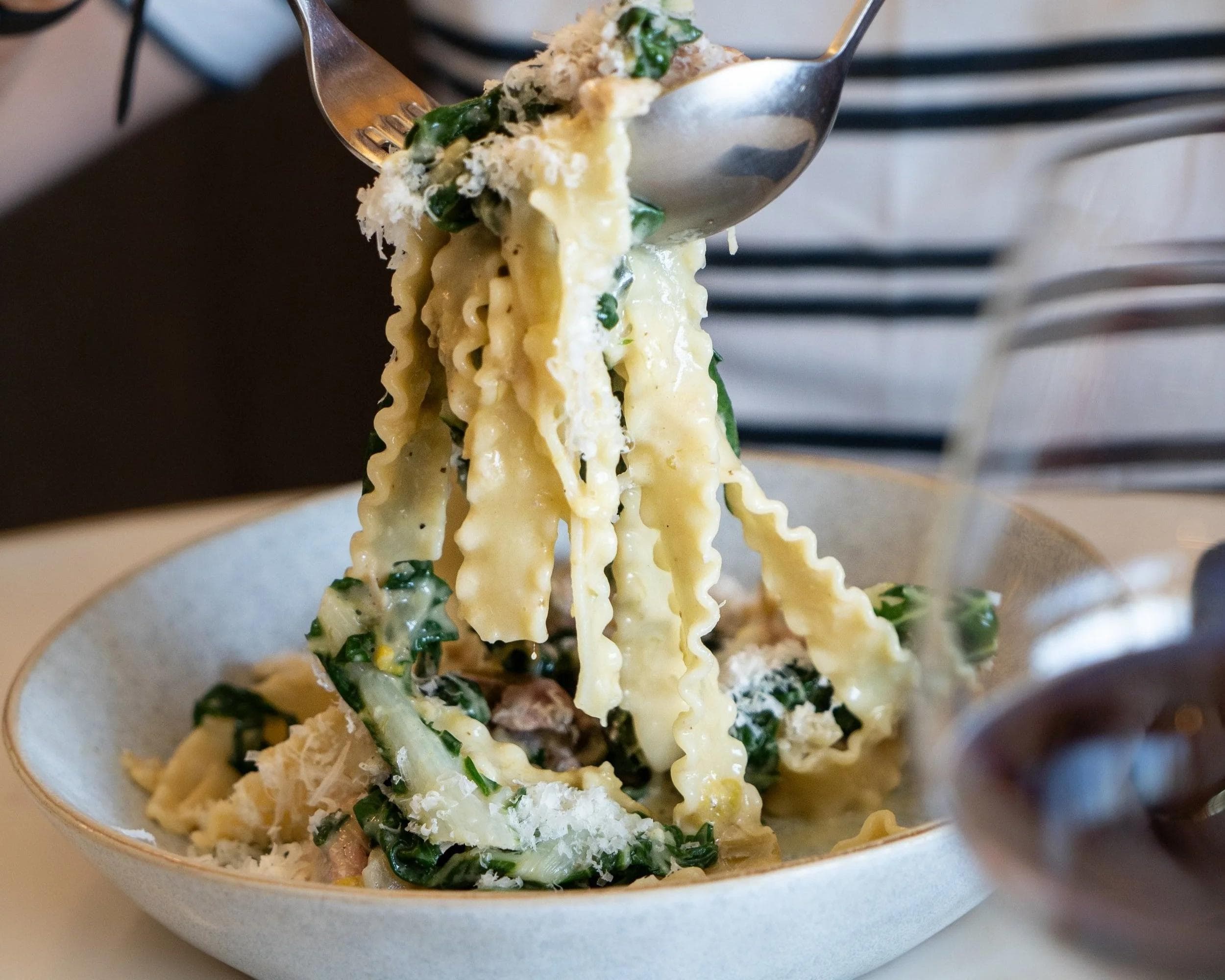 Mafaldine with Fennel-Braised Pork and Swiss Chard