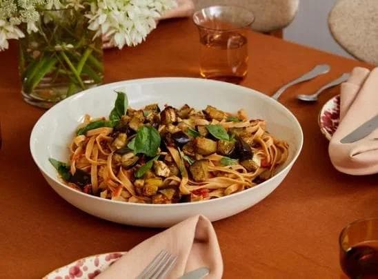 Fettuccine with Cherry Tomatoes, Roasted Eggplant & Burrata