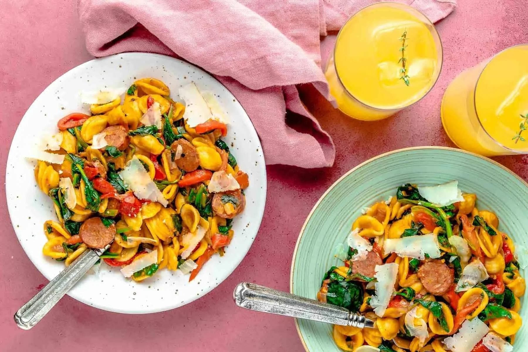 Chorizo Pasta with Roasted Red Peppers and Spinach