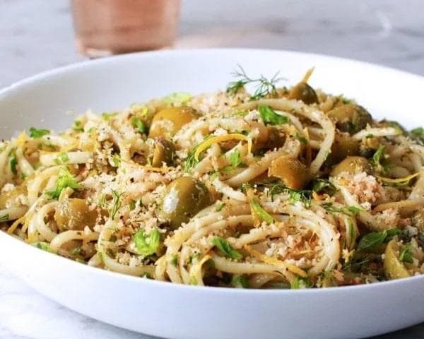 Linguine with Olives, Breadcrumbs, and Pesto Sauce